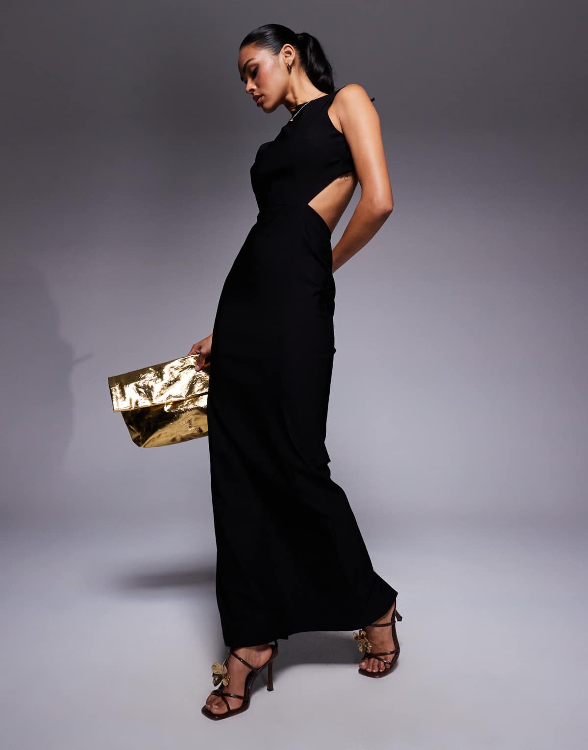 Vesper bengaline open back tie detail maxi dress in black