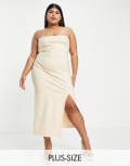 [Vesper Plus] Vesper bengaline Plus cami strap midi bodycon dress with thigh split in ecru-White 28 Ecru