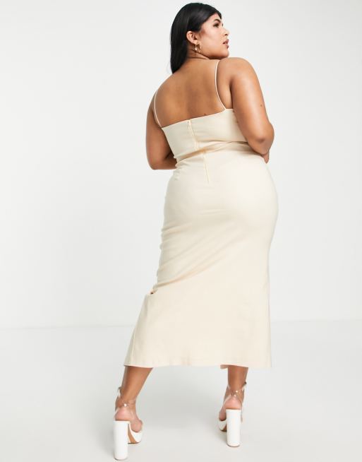 Vesper bengaline Plus cami strap midi bodycon dress with thigh split in ecru, 2 of 4