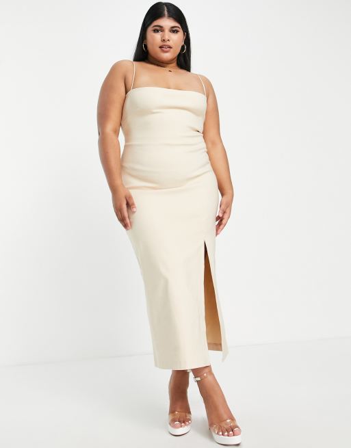 Vesper bengaline Plus cami strap midi bodycon dress with thigh split in ecru, 4 of 4