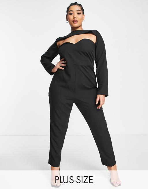 Vesper bengaline Plus square neck cut out bust detail jumpsuit in black