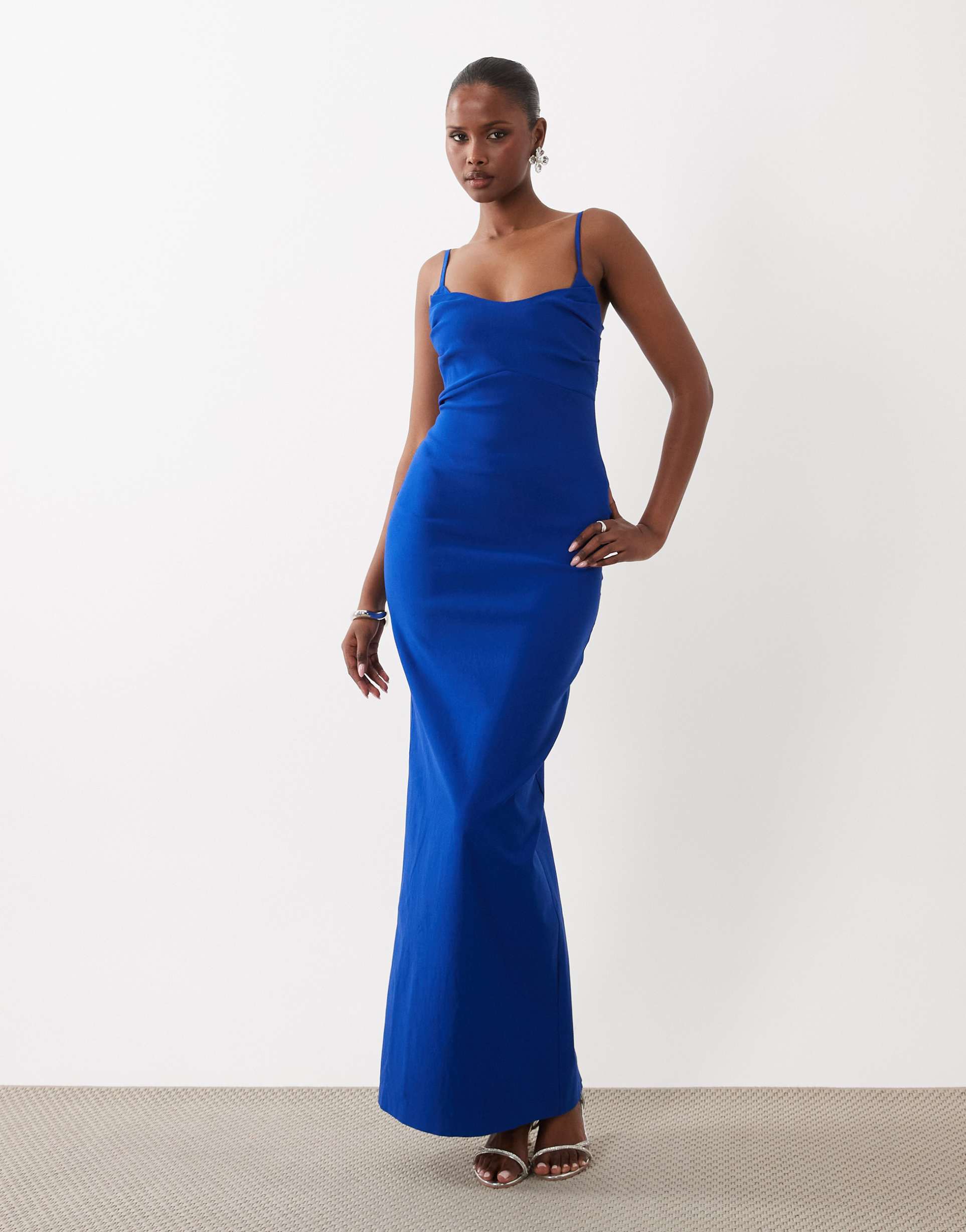 vesper bengaline ruched strappy cami maxi dress in cobalt