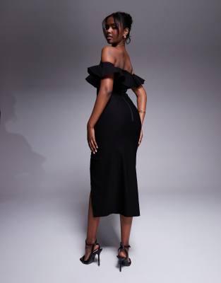 Vesper Bengaline Ruffle Bardot Side Slit Midi Dress In Black