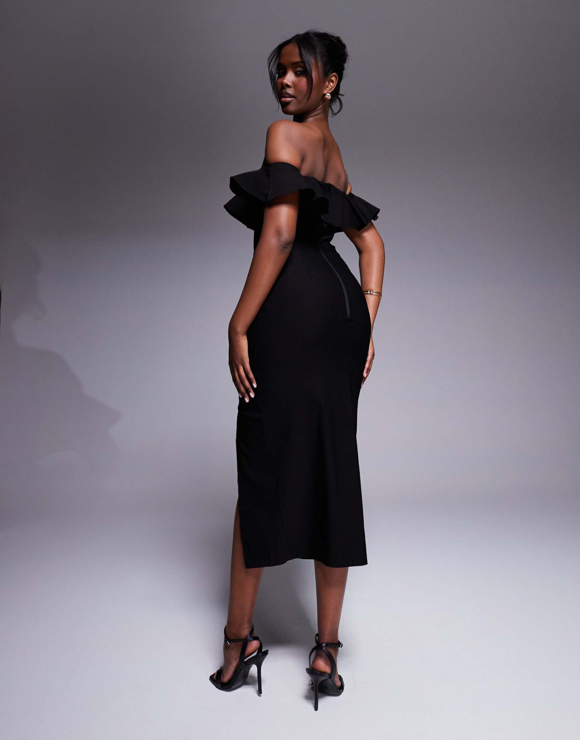 vesper bengaline ruffle bardot side slit midi dress in black