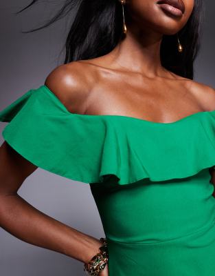 Vesper Bengaline Ruffle Bardot Side Slit Midi Dress