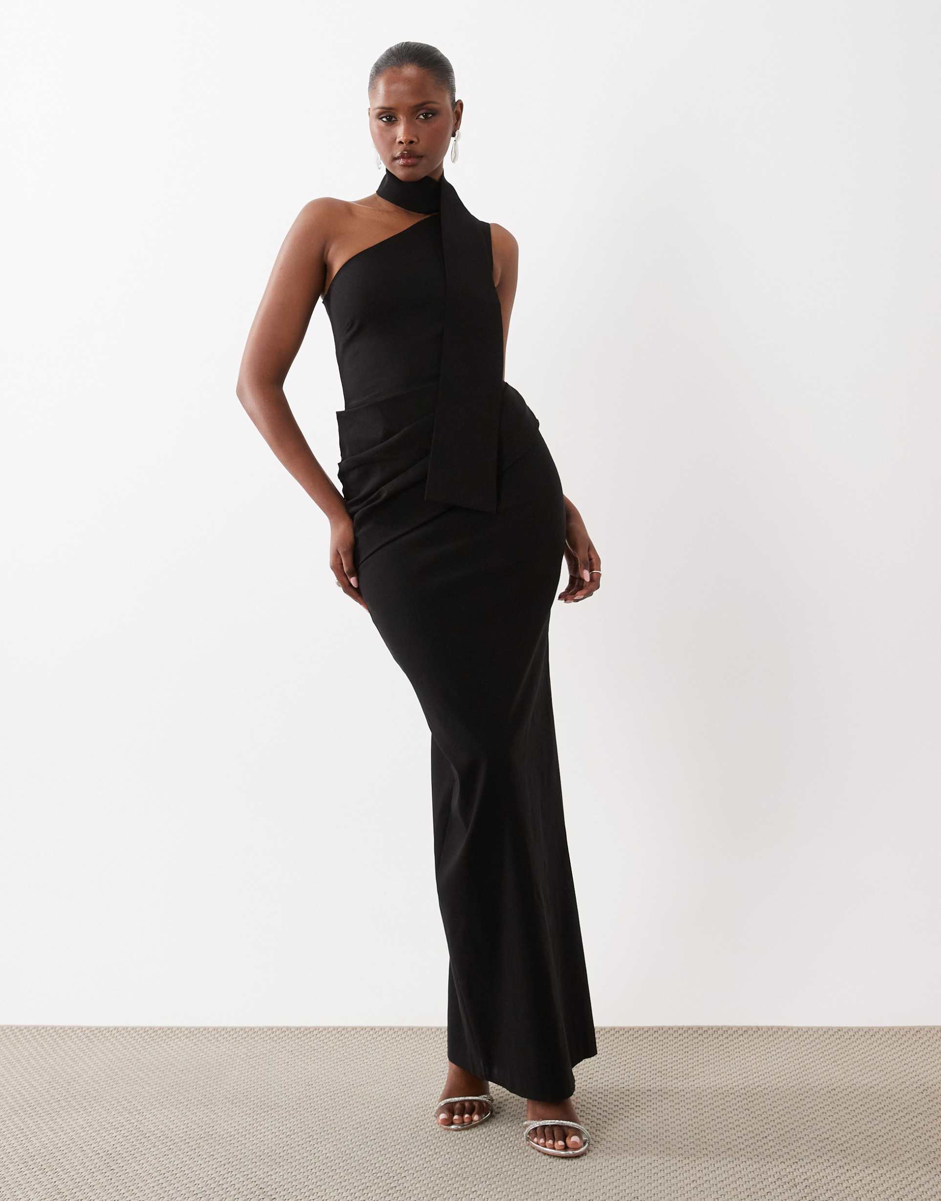 vesper bengaline scarf detail ruched drape front maxi dress in black