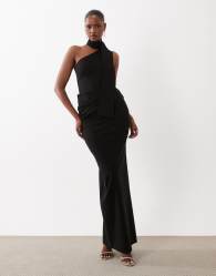 Vesper bengaline scarf detail ruched drape front maxi dress in black