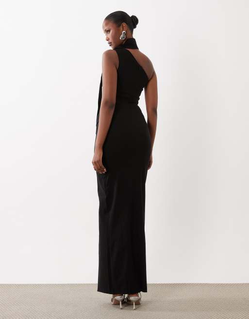 Vesper bengaline scarf detail ruched drape front maxi dress in black, 4 of 4
