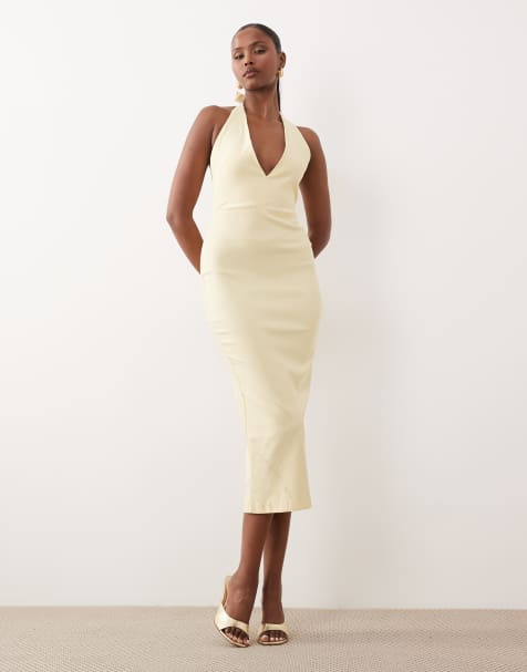 Vesper bengaline scoop halterneck tie detail midi dress in yellow - view 1
