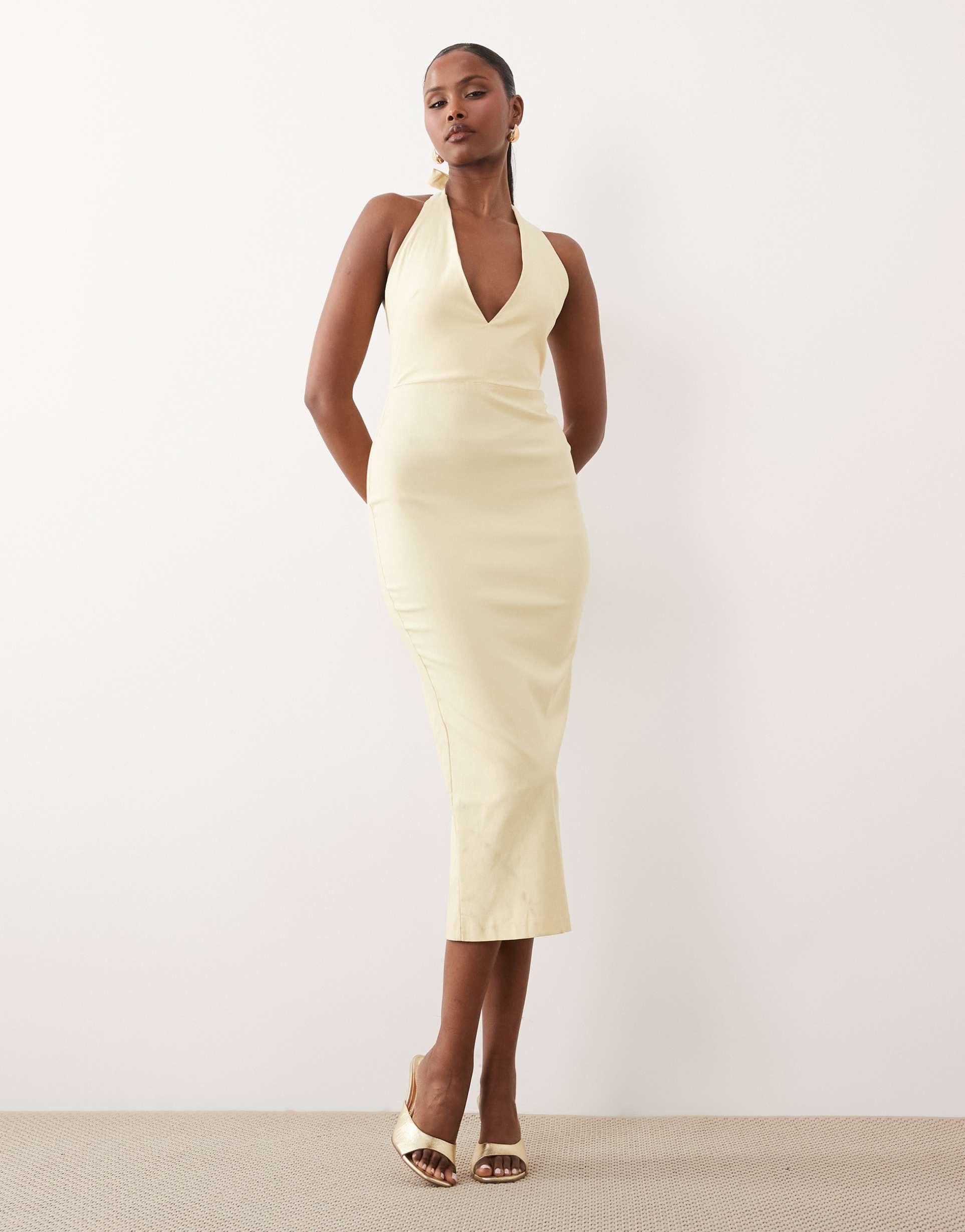vesper bengaline scoop halterneck tie detail midi dress in yellow
