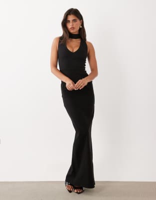 Vesper Bengaline Scoop Maxi Dress With High Neck Detail In Black