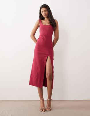 Vesper bengaline scoop neck and back thigh slit midi dress in raspberry
