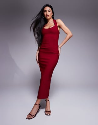 Vesper Vesper bengaline scoop neck halterneck bodycon midaxi dress in burgundy-Red