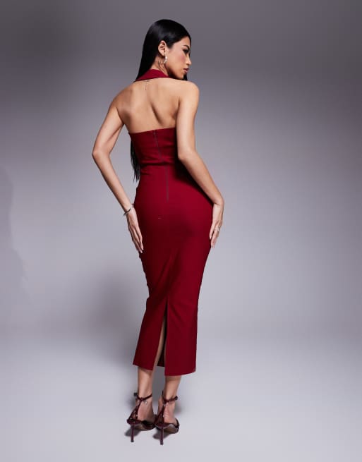 Vesper bengaline scoop neck halterneck bodycon midaxi dress in burgundy