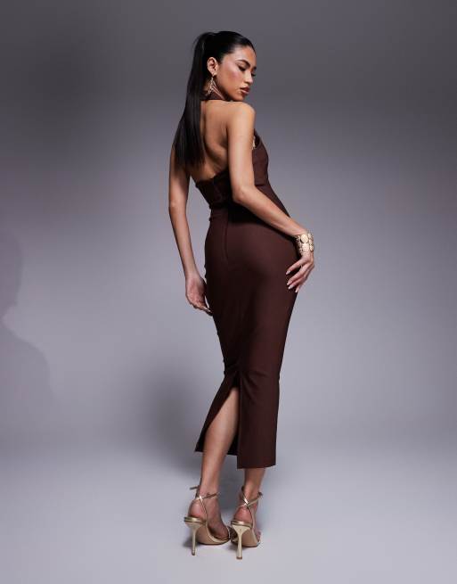 Vesper bengaline scoop neck halterneck bodycon midaxi dress in chocolate