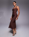 [Vesper] Vesper bengaline sleeveless square neck fishtail midi dress in chocolate brown 14 Chocolate