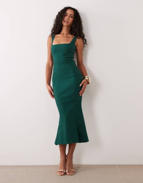 Vesper bengaline sleeveless square neck fishtail midi dress in forest green - view 1