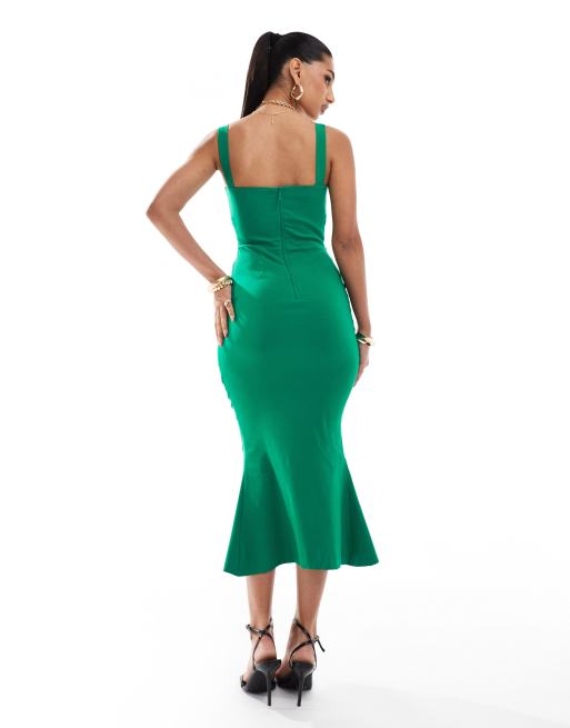 Vesper bengaline sleeveless square neck fishtail midi dress in green | ASOS