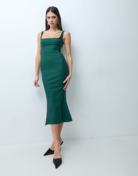 Vesper bengaline sleeveless square neck fishtail midi dress in green