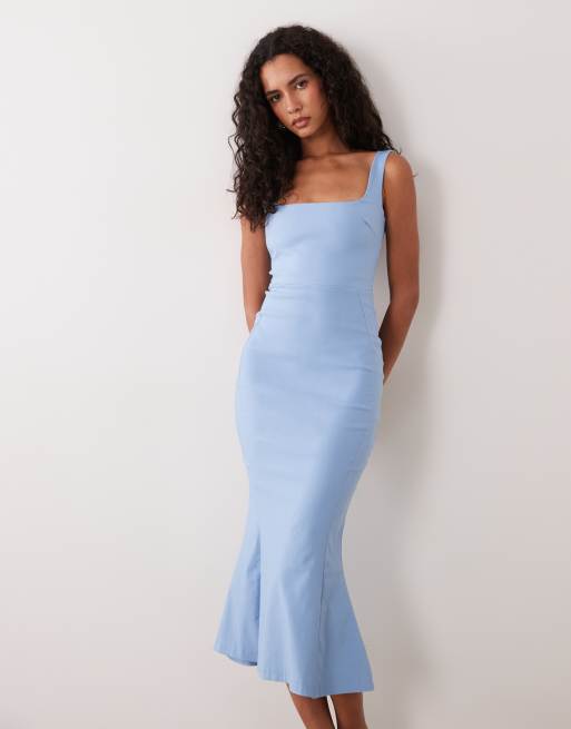 Vesper bengaline sleeveless square neck fishtail midi dress in ice blue, 3 of 4