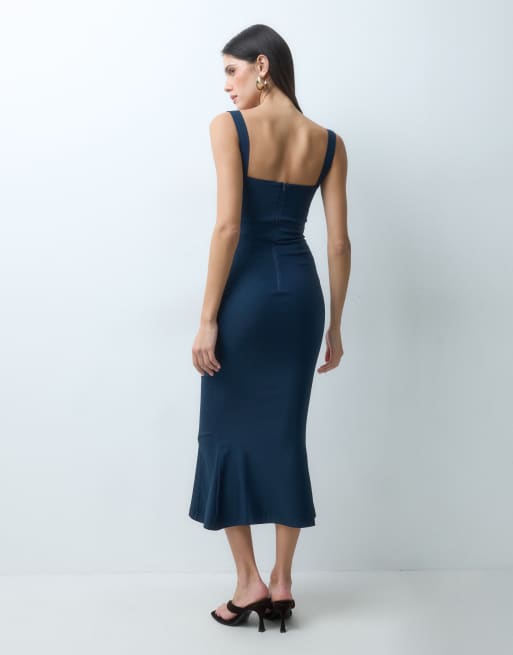 Vesper bengaline sleeveless square neck fishtail midi dress in navy, 4 of 5