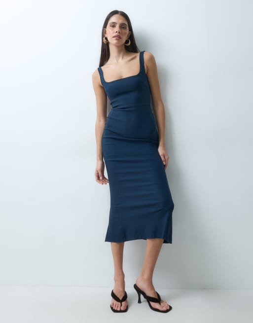 Vesper bengaline sleeveless square neck fishtail midi dress in navy, 5 of 5