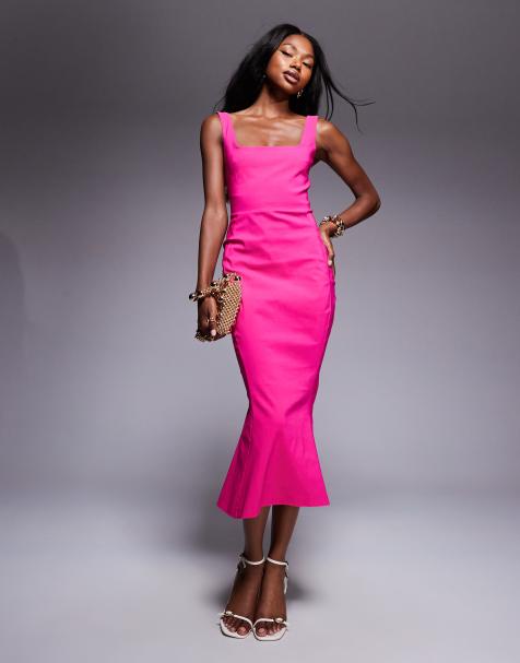 Vesper bengaline sleeveless square neck fishtail midi dress in pink - view 1