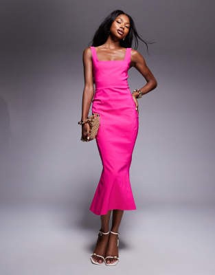 vesper bengaline sleeveless square neck fishtail midi dress in pink