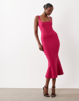 Vesper Bengaline Sleeveless Square Neck Fishtail Midi Dress In Pink