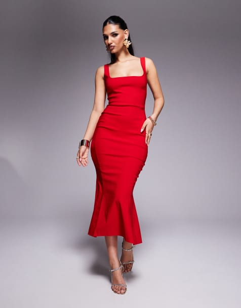 Vesper bengaline sleeveless square neck fishtail midi dress in red - view 1