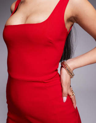 Vesper Bengaline Sleeveless Square Neck Fishtail Midi Dress In Red