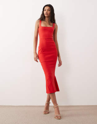 Vesper Bengaline Sleeveless Square Neck Fishtail Midi Dress In Red