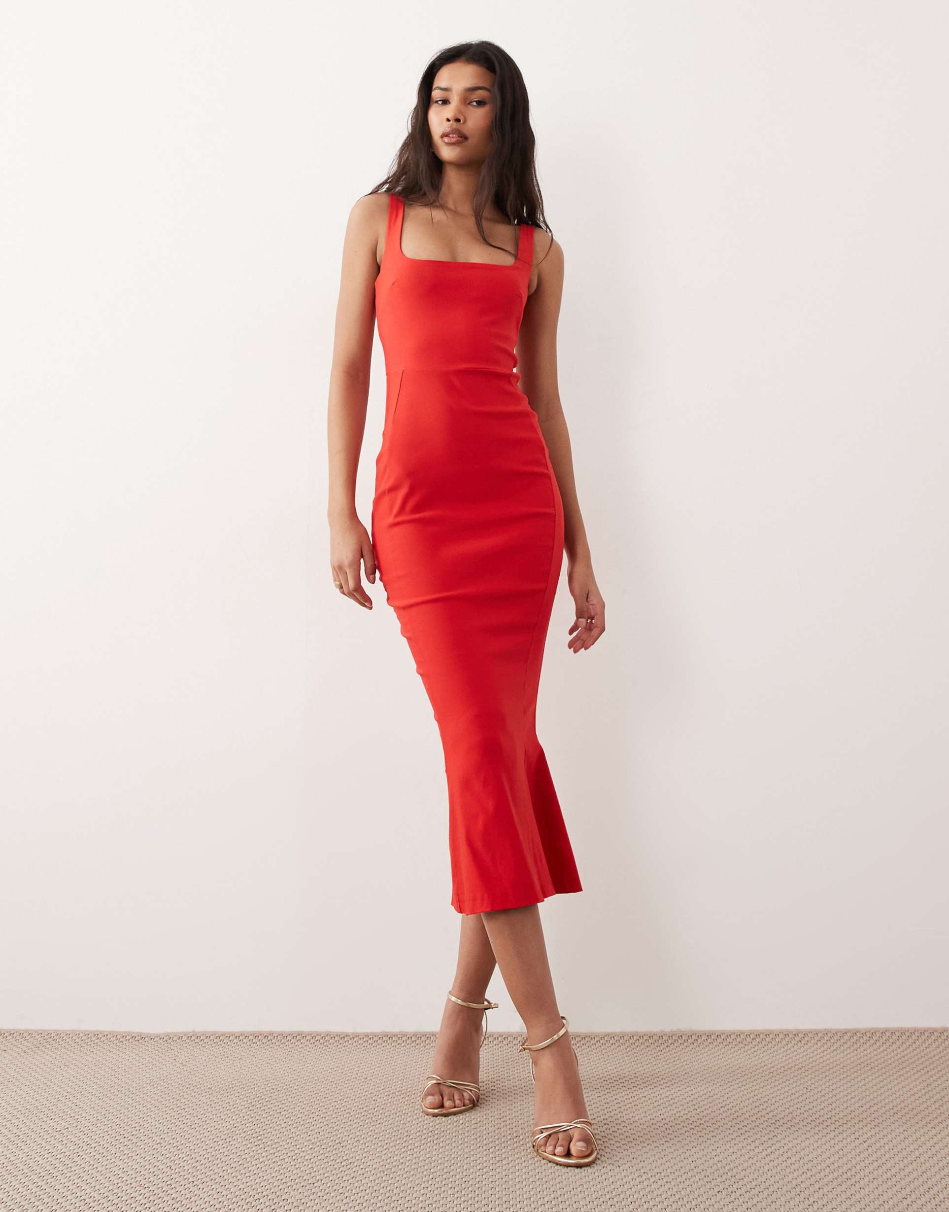 vesper bengaline sleeveless square neck fishtail midi dress in red