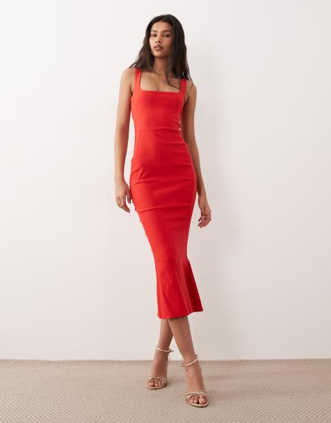 Vesper bengaline sleeveless square neck fishtail midi dress in red