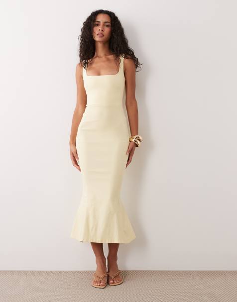 Vesper bengaline sleeveless square neck fishtail midi dress in yellow - view 1