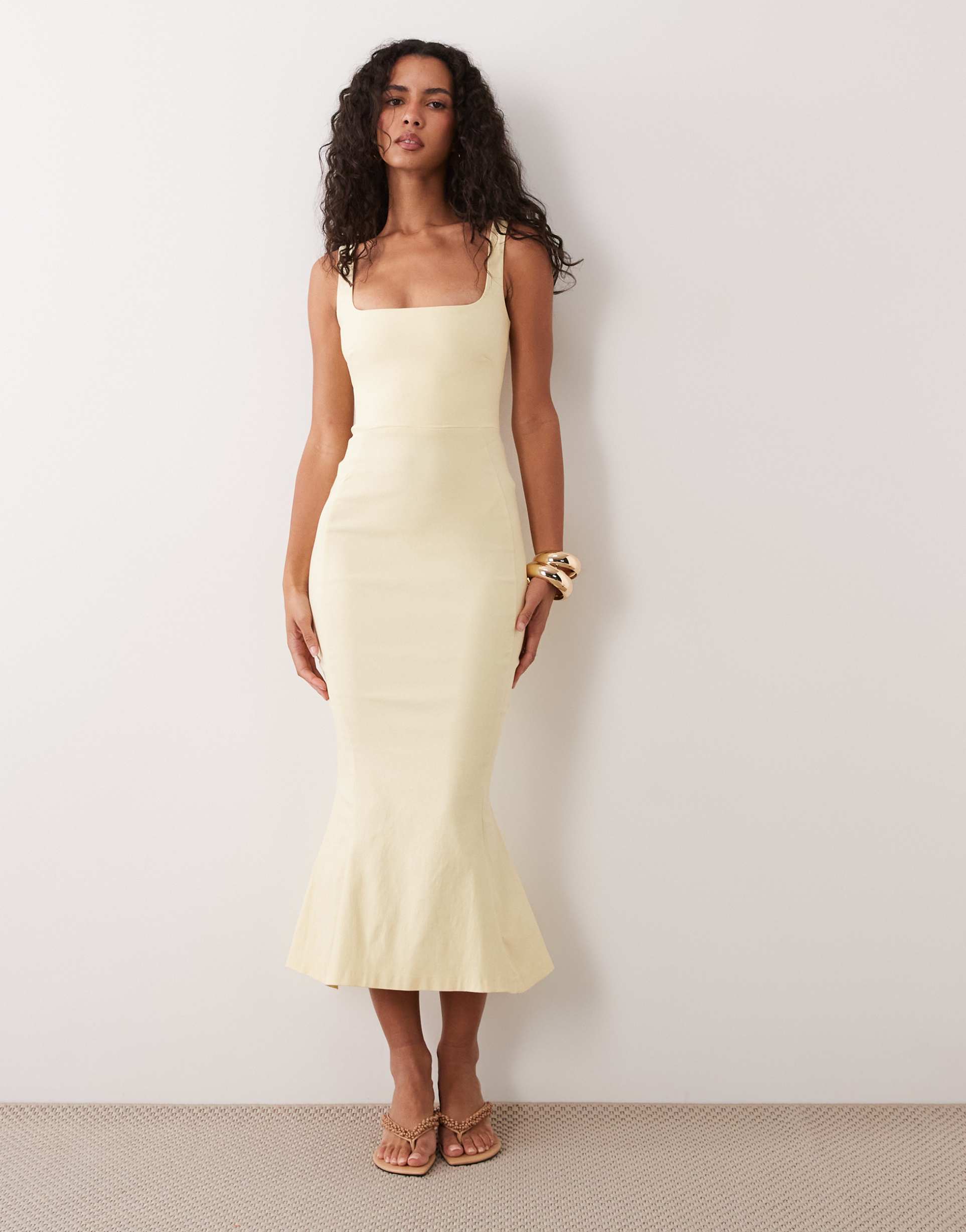 vesper bengaline sleeveless square neck fishtail midi dress in yellow