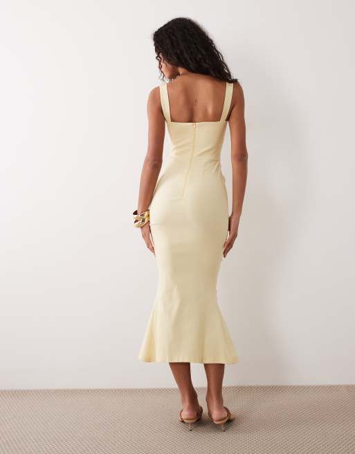 Vesper bengaline sleeveless square neck fishtail midi dress in yellow, 3 of 4