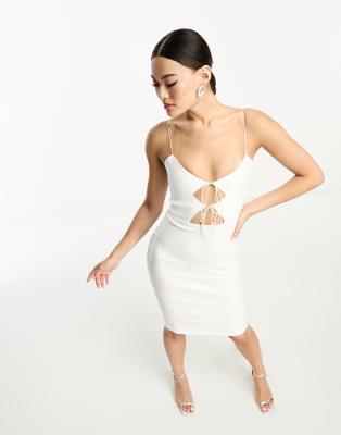 bengaline spaghetti strap tie front midi dress in white