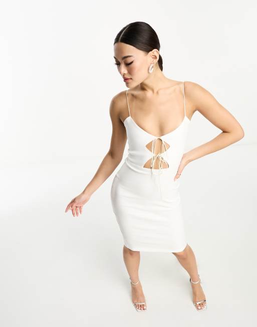 Vesper bengaline spaghetti strap tie front midi dress in white