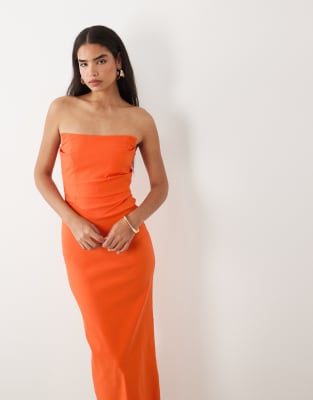 Vesper Bengaline Square Edge Ruched Front Maxi Dress In Orange