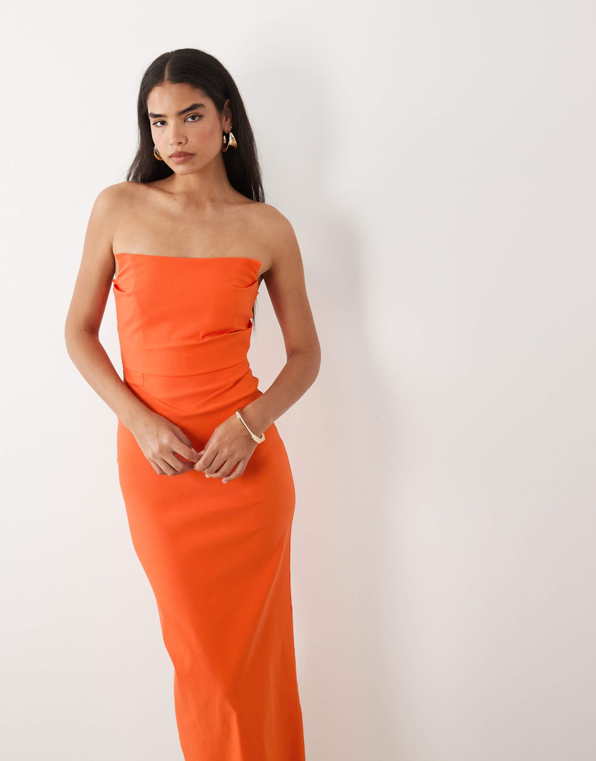 vesper bengaline square edge ruched front maxi dress in orange