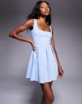 [Vesper] Vesper bengaline square neck box pleat mini dress in ice blue 6 Ice blue