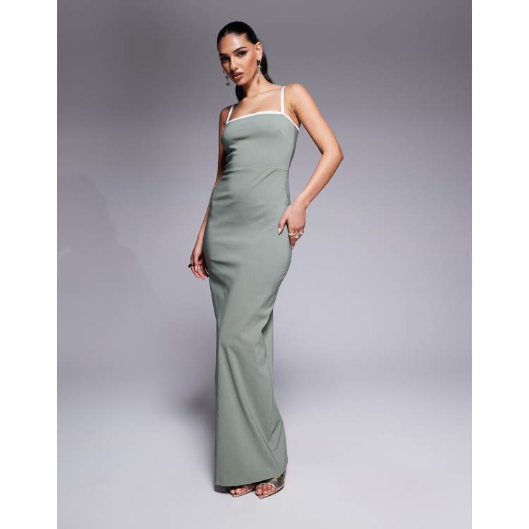 V-Neck Contrast Piping Slit Bodycon Dress