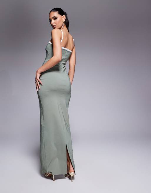 V-Neck Contrast Piping Slit Bodycon Dress