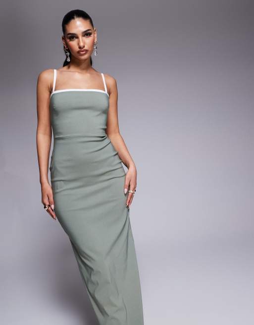V-Neck Contrast Piping Slit Bodycon Dress