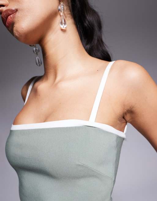 V-Neck Contrast Piping Slit Bodycon Dress