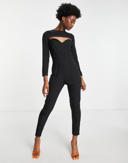 Vesper bengaline square neck cut out bust detail jumpsuit in black