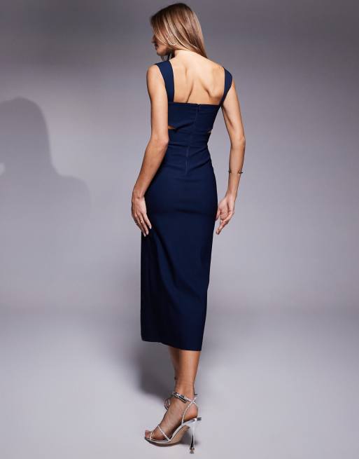 Vesper bengaline square neck cut out midaxi dress with thigh split in navy
