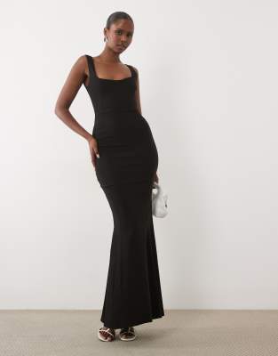 Vesper Bengaline Square Neck Fishtail Maxi Dress In Black