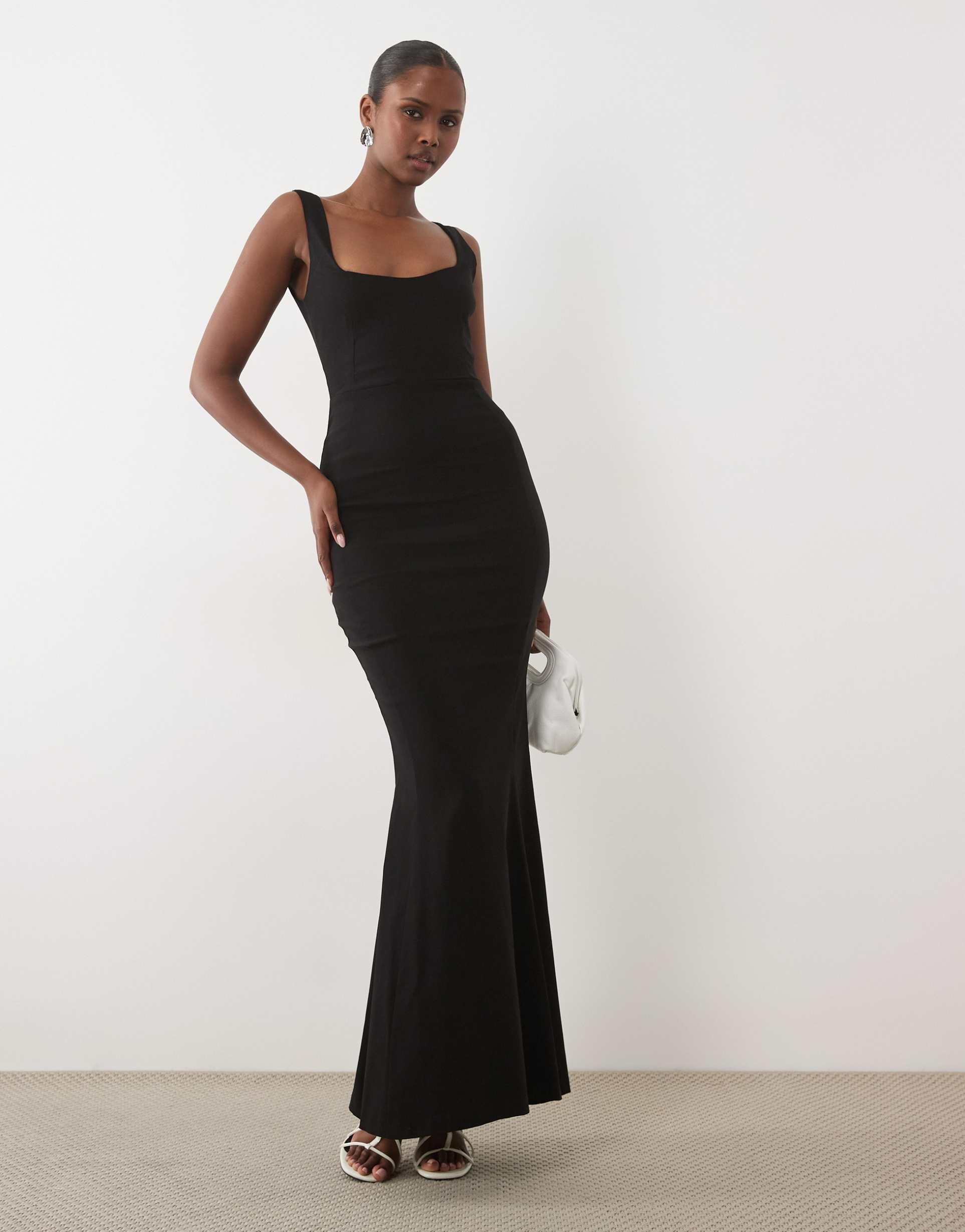 vesper bengaline square neck fishtail maxi dress in black
